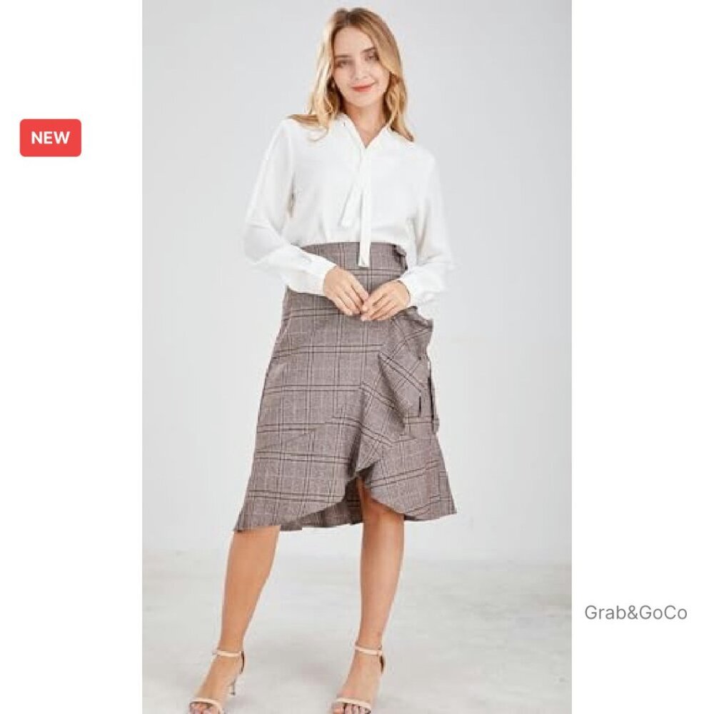 Elegant Work Wear Adjustable Waist Flounce A-Line Midi Wrap Skirt - Picture 6 of 7